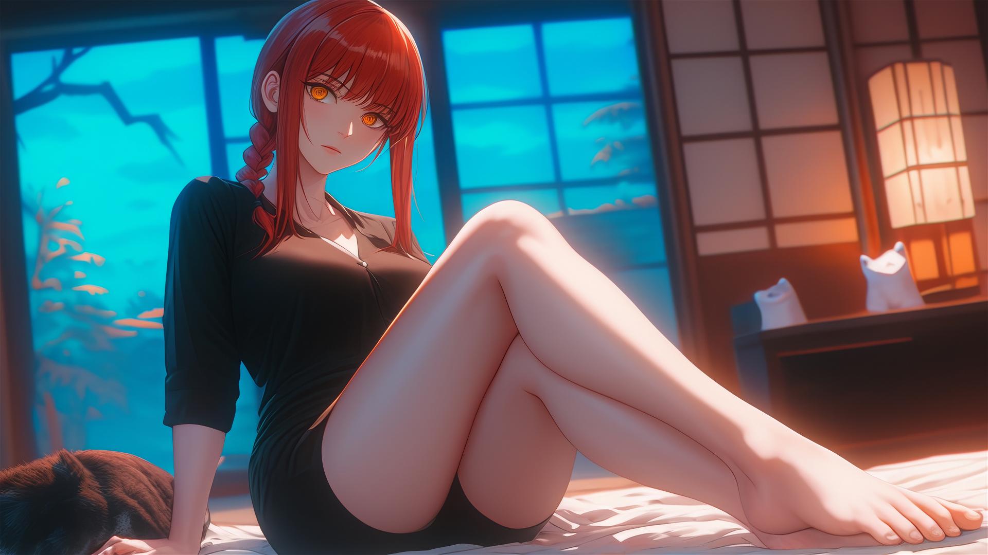 Makima from Chainsaw Man resting, close-up of foot, red hair