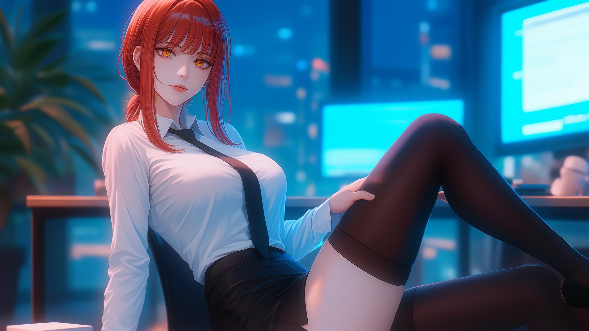 Makima from Chainsaw Man standing in office with focus on her thigh and foot