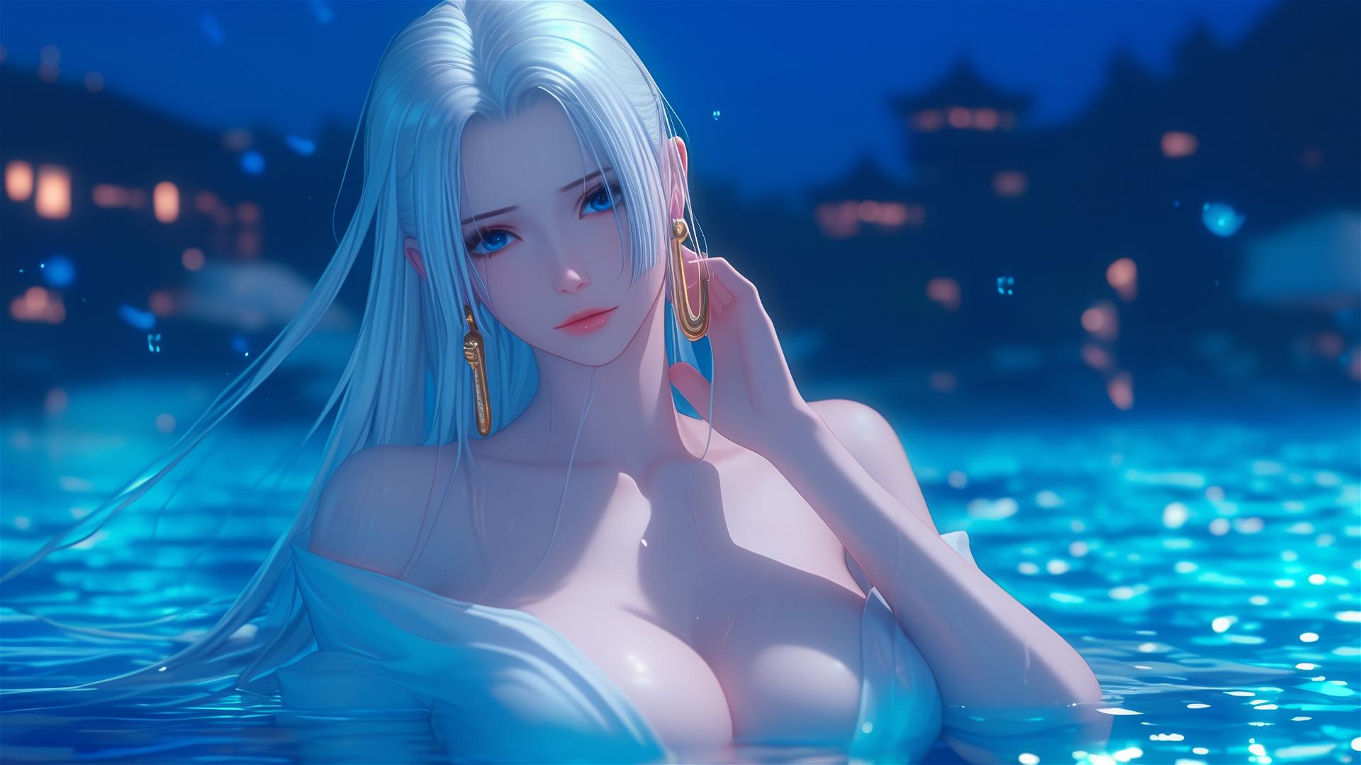 Boa Hancock from One Piece resting in a tub under moonlight with white hair