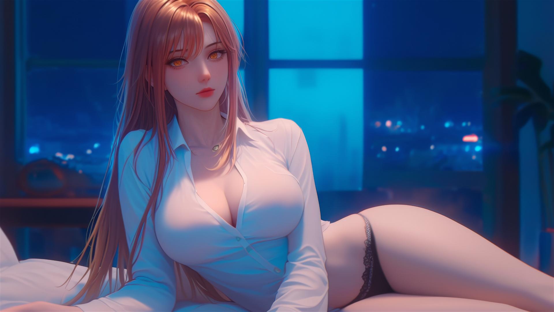 Makima from Chainsaw Man resting in moonlight with blond reddish hair