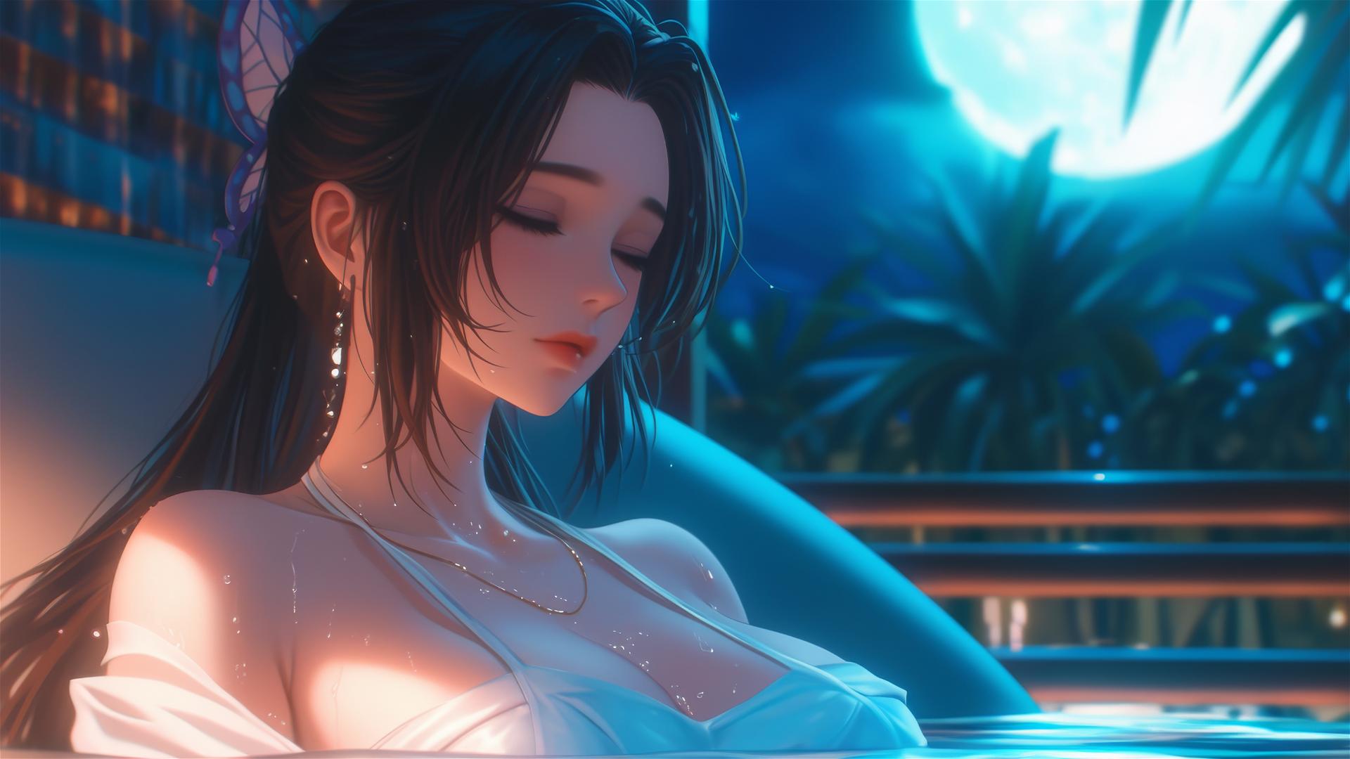 Shinobu Kocho from Demon Slayer resting in a tub with moonlight