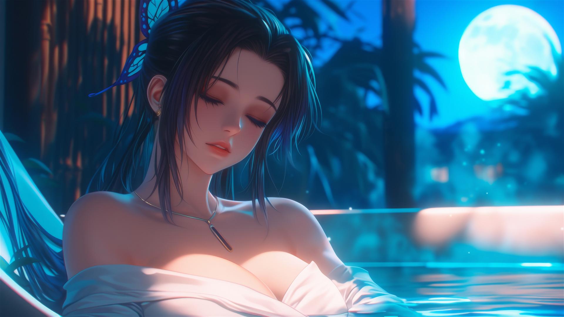 Shinobu Kocho from Demon Slayer resting in tub under moonlight
