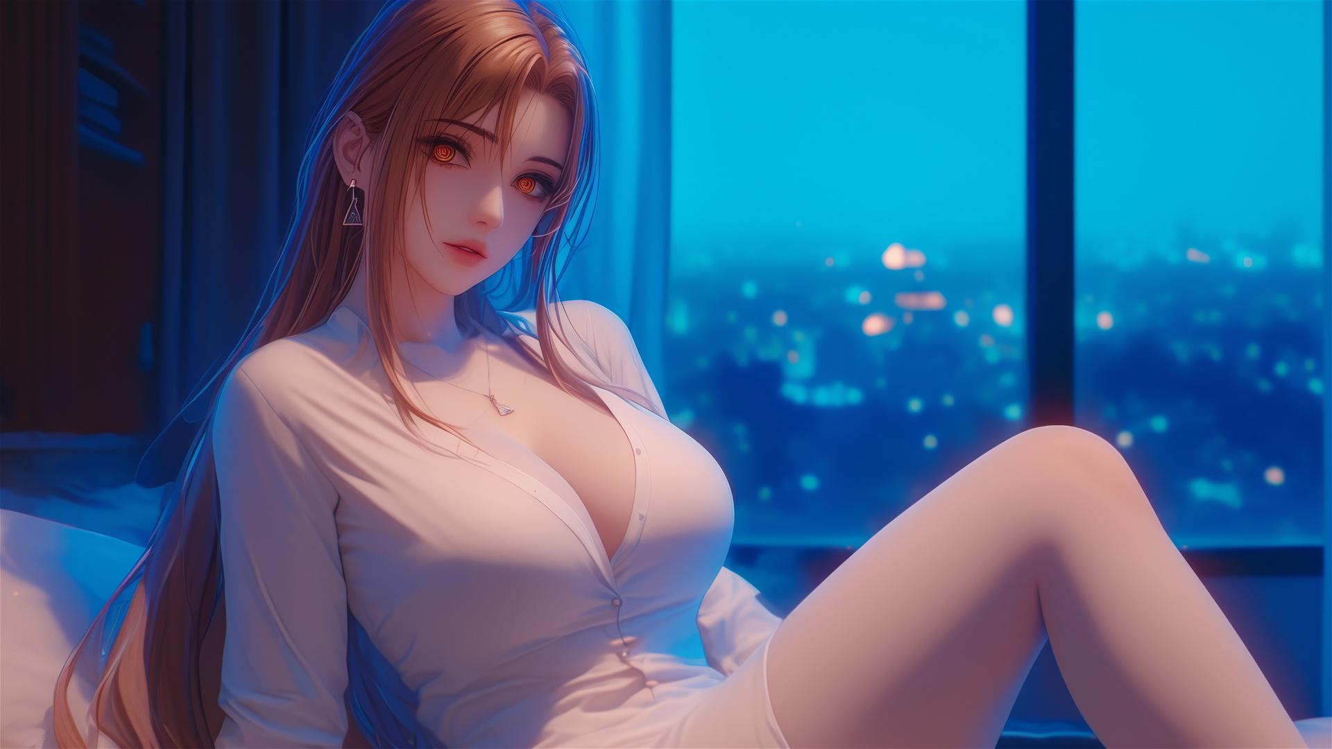 Makima from Chainsaw Man resting in moonlit apartment