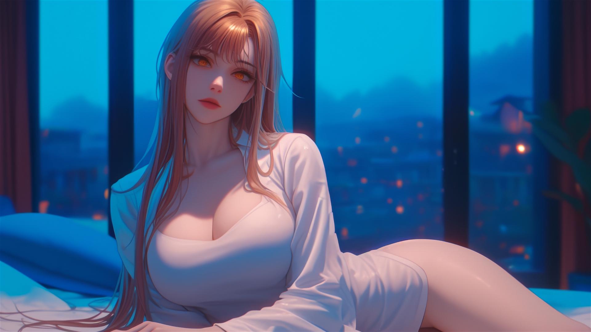 Makima from Chainsaw Man resting in moonlit apartment