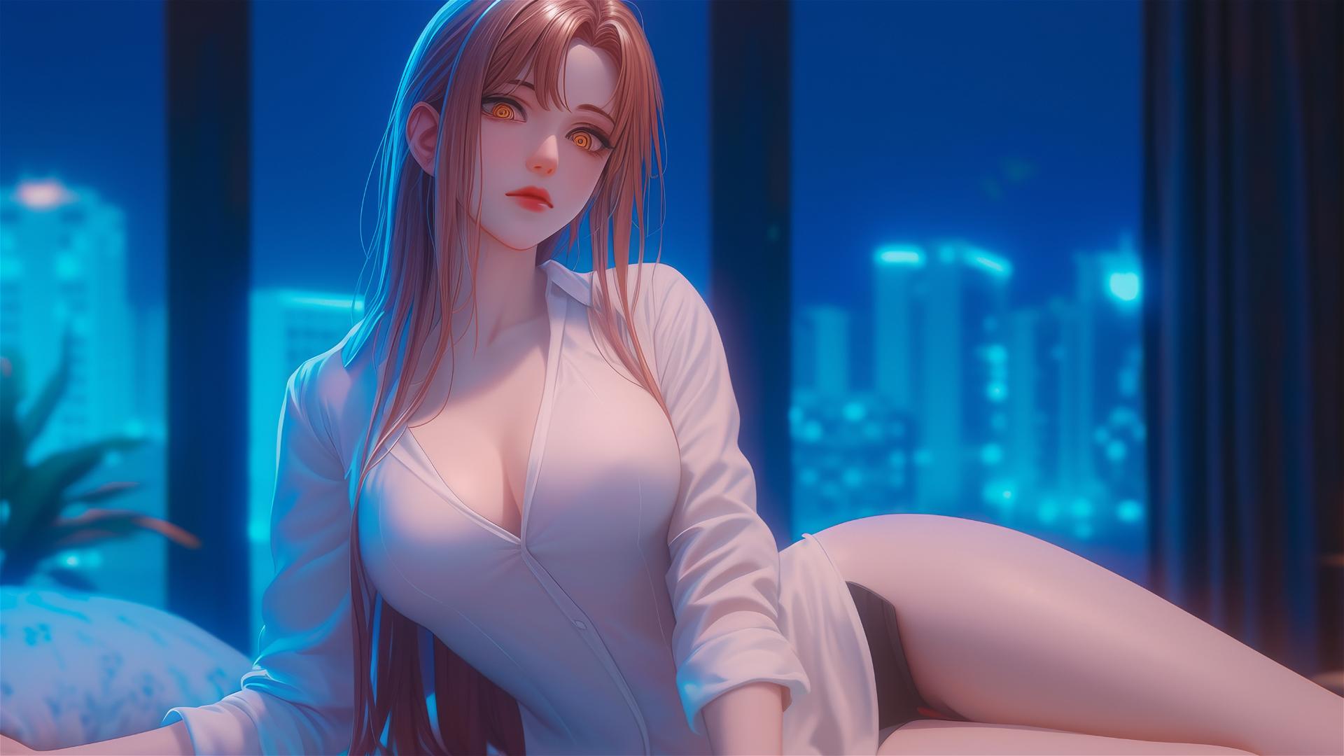 Makima from Chainsaw Man resting in an apartment bathed in moonlight, with blond and reddish hair