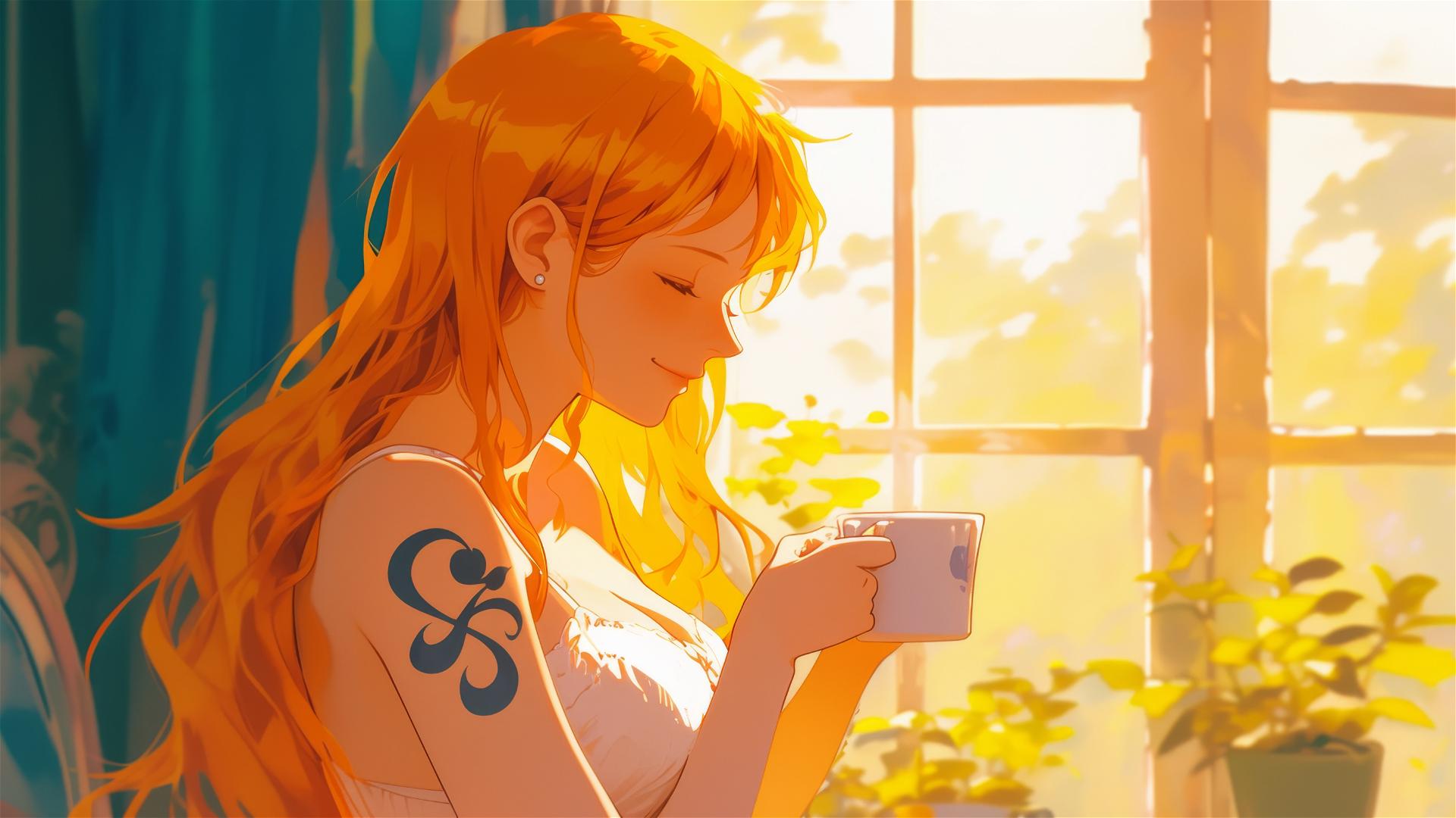 Nami from One Piece in white silk pajamas, sipping coffee at sunrise
