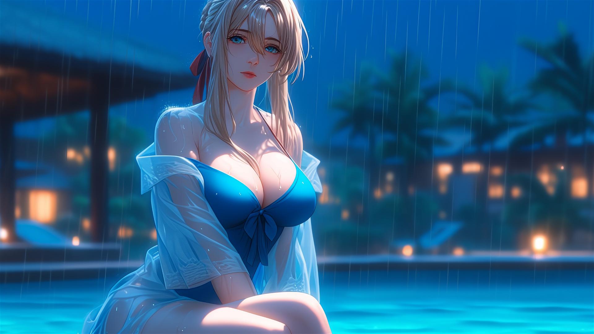 Violet Evergarden resting by a moonlit rainy swimming pool