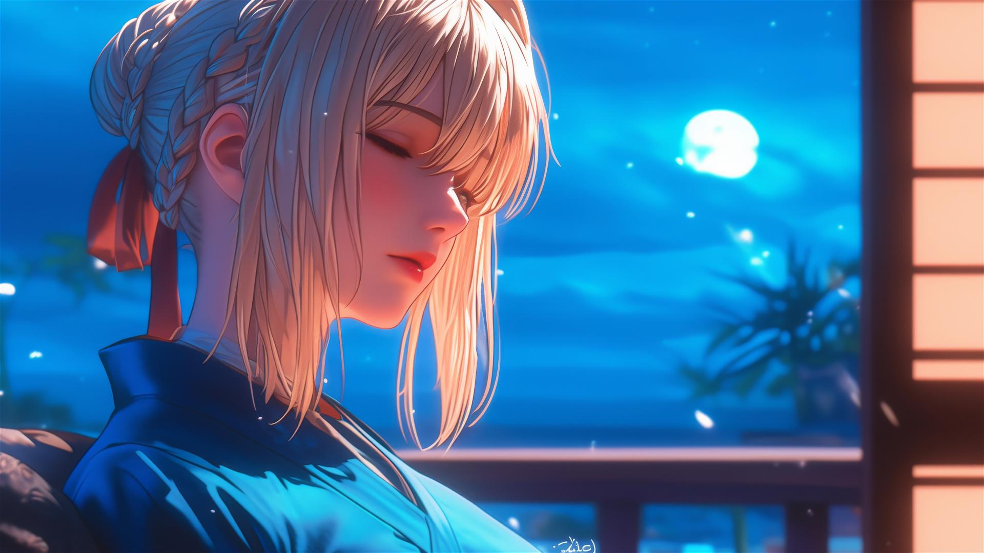 Violet Evergarden resting with moonlight glow