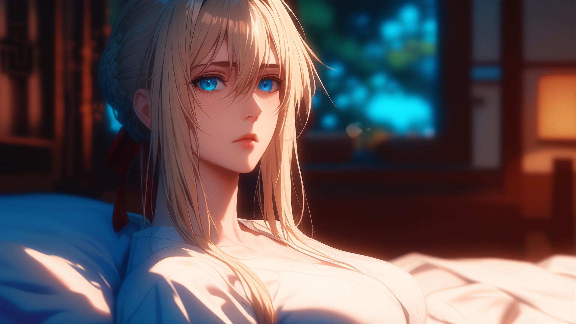 Violet Evergarden resting in apartment with moonlight glow