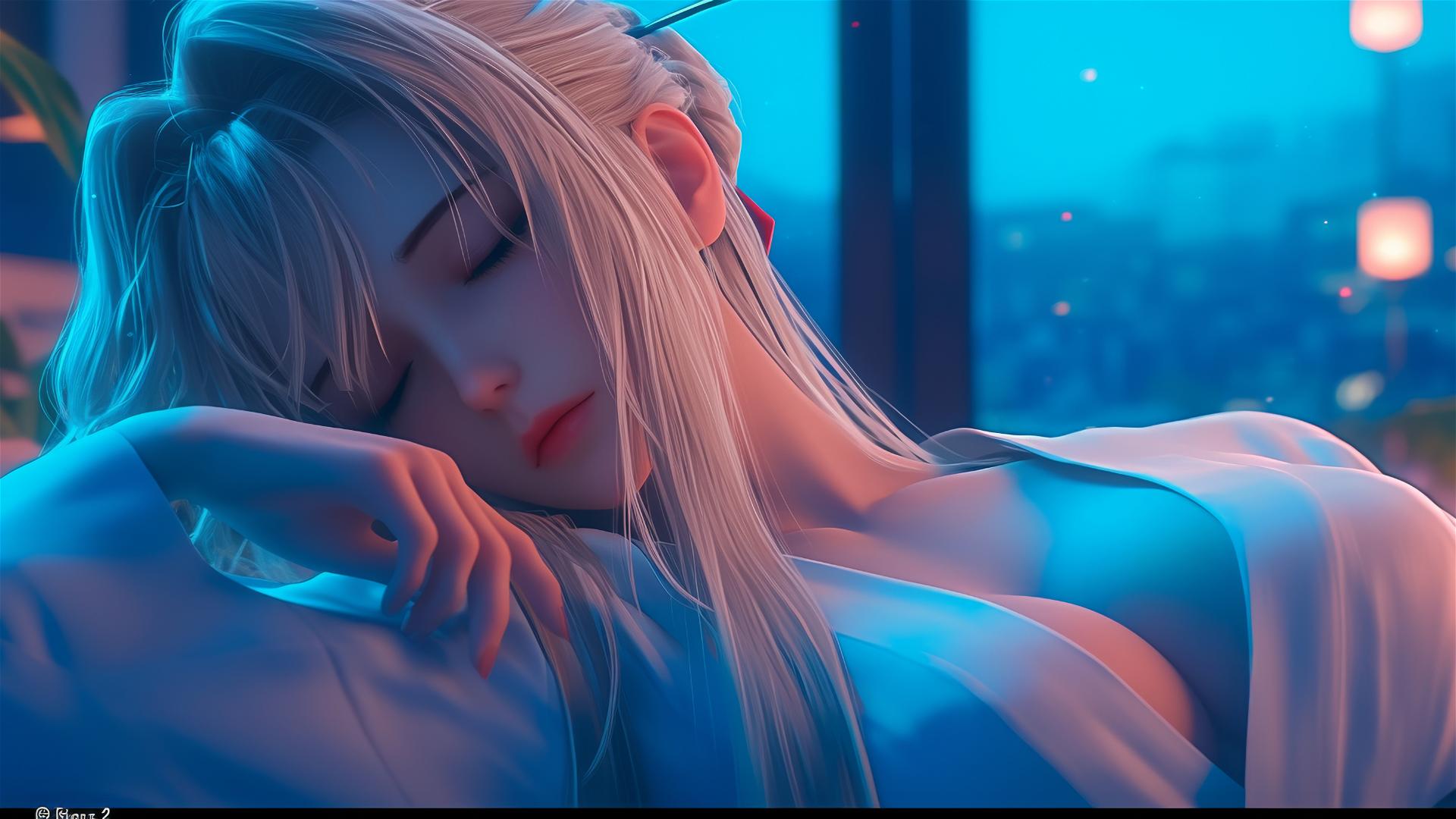 Violet Evergarden resting in apartment with moonlight glow