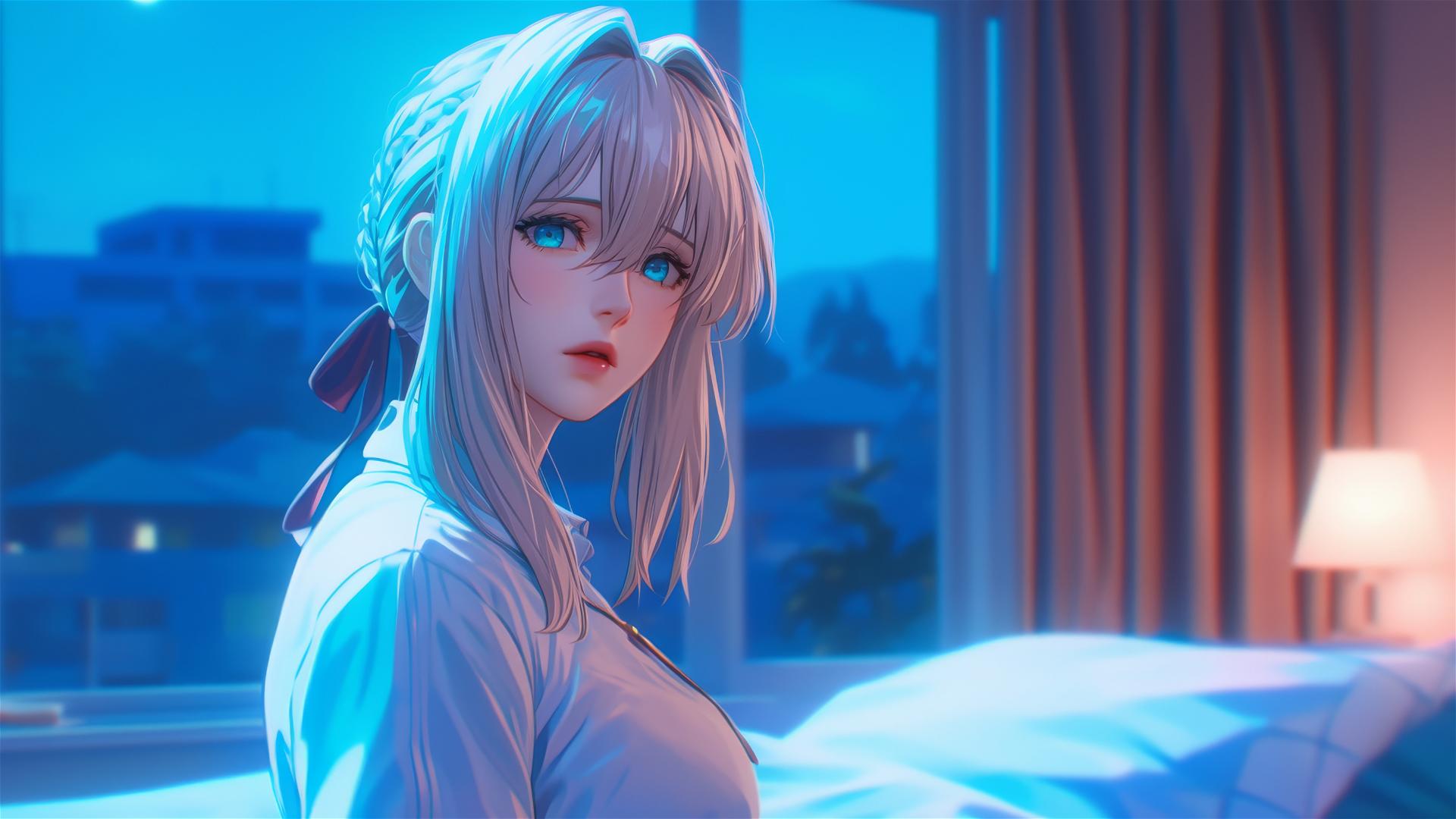 Violet Evergarden resting in apartment with moonlight glow