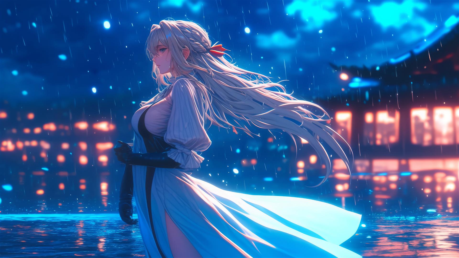 Violet Evergarden standing by her house under moonlight