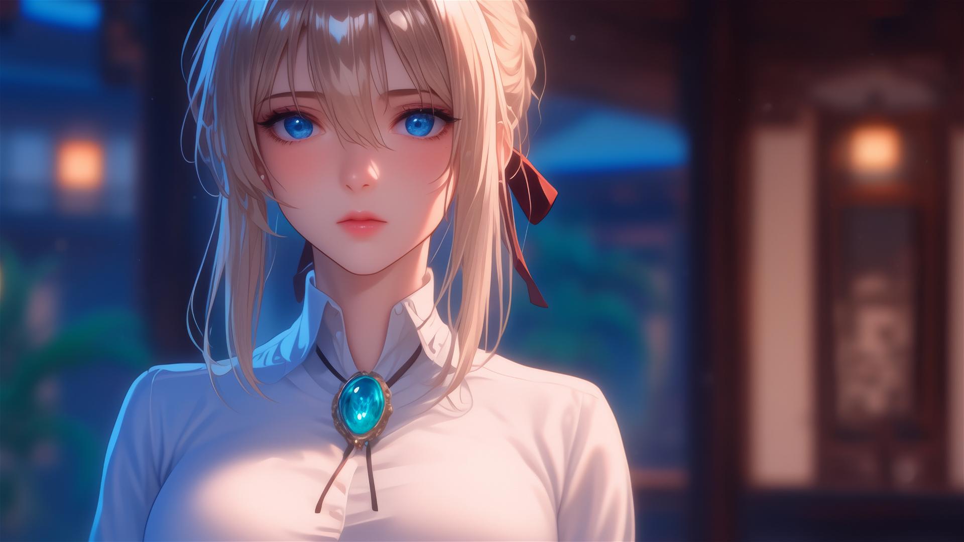 Violet Evergarden standing at home under moonlight