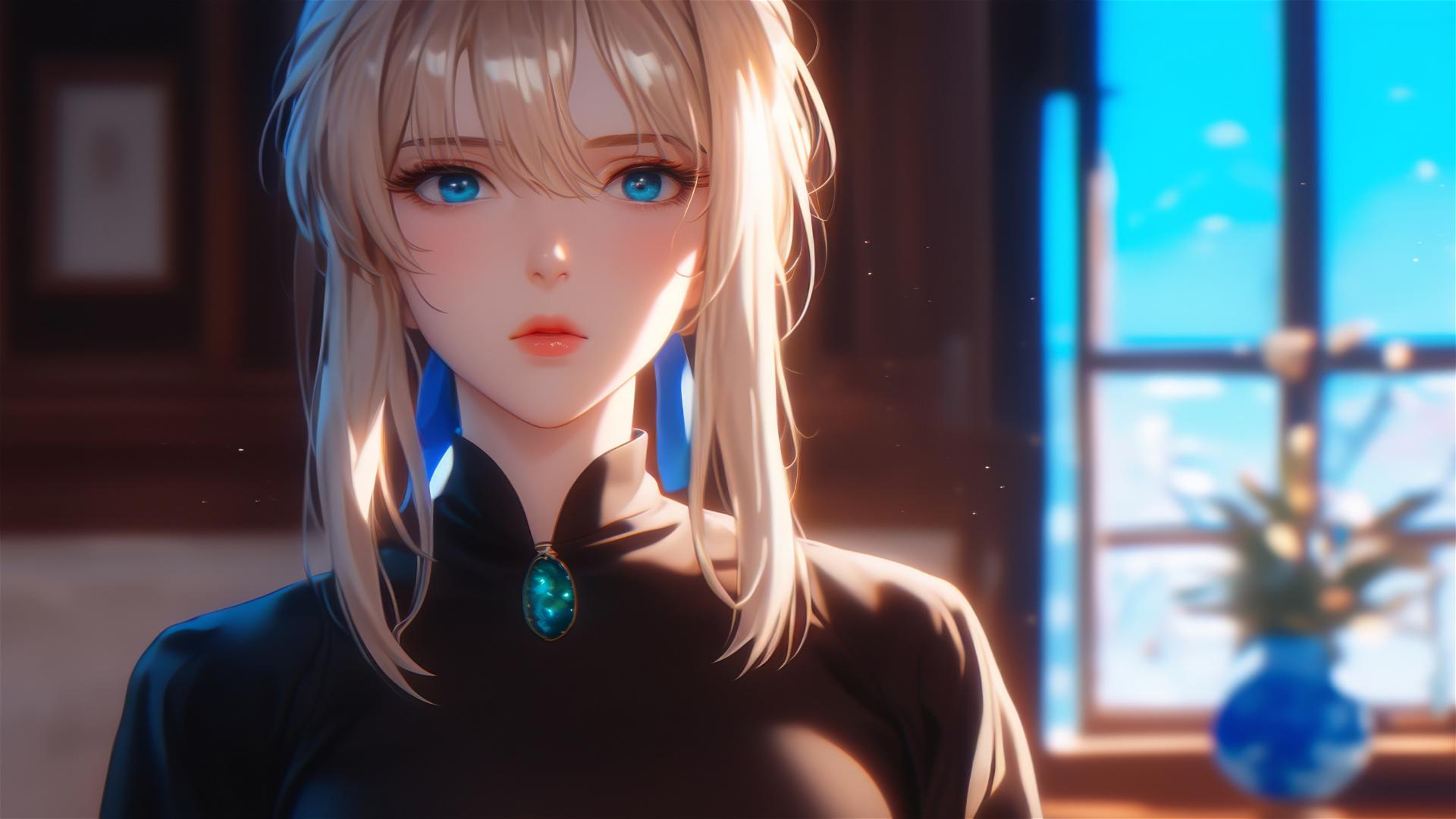 Violet Evergarden standing near her house under moonlight