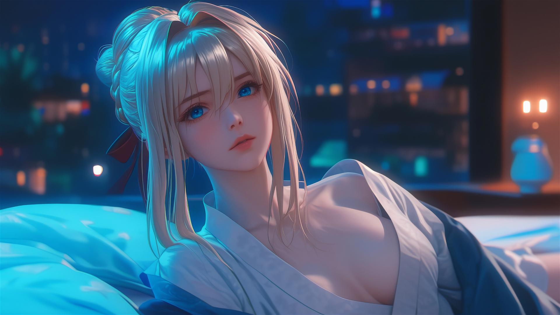 Violet Evergarden resting at apartment under moonlight