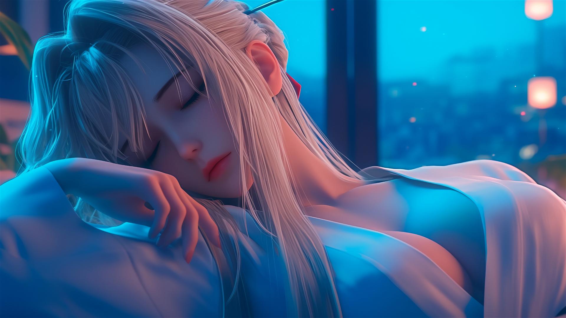 Violet Evergarden resting in an apartment under moonlight