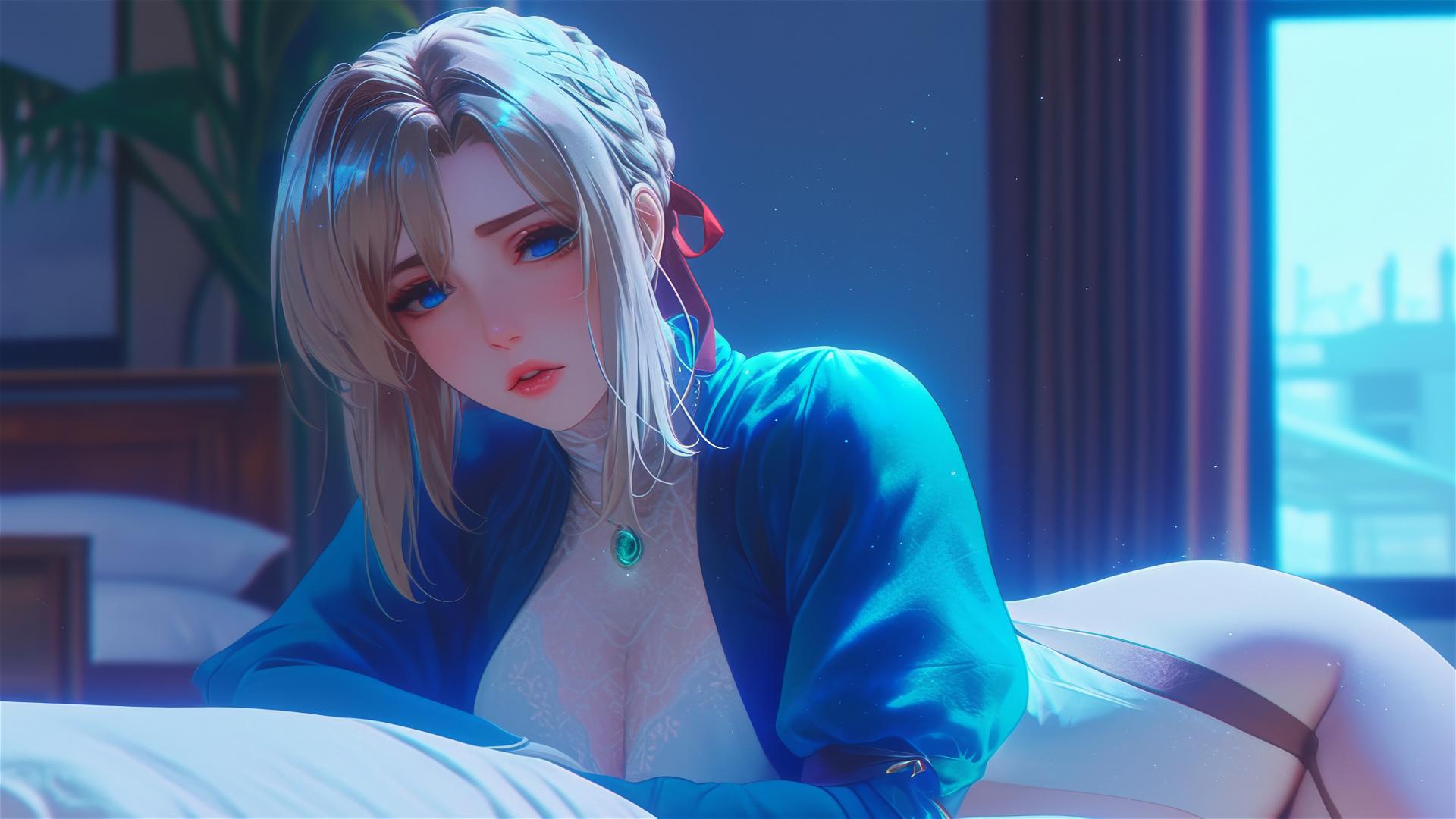 Violet Evergarden resting in apartment under moonlight