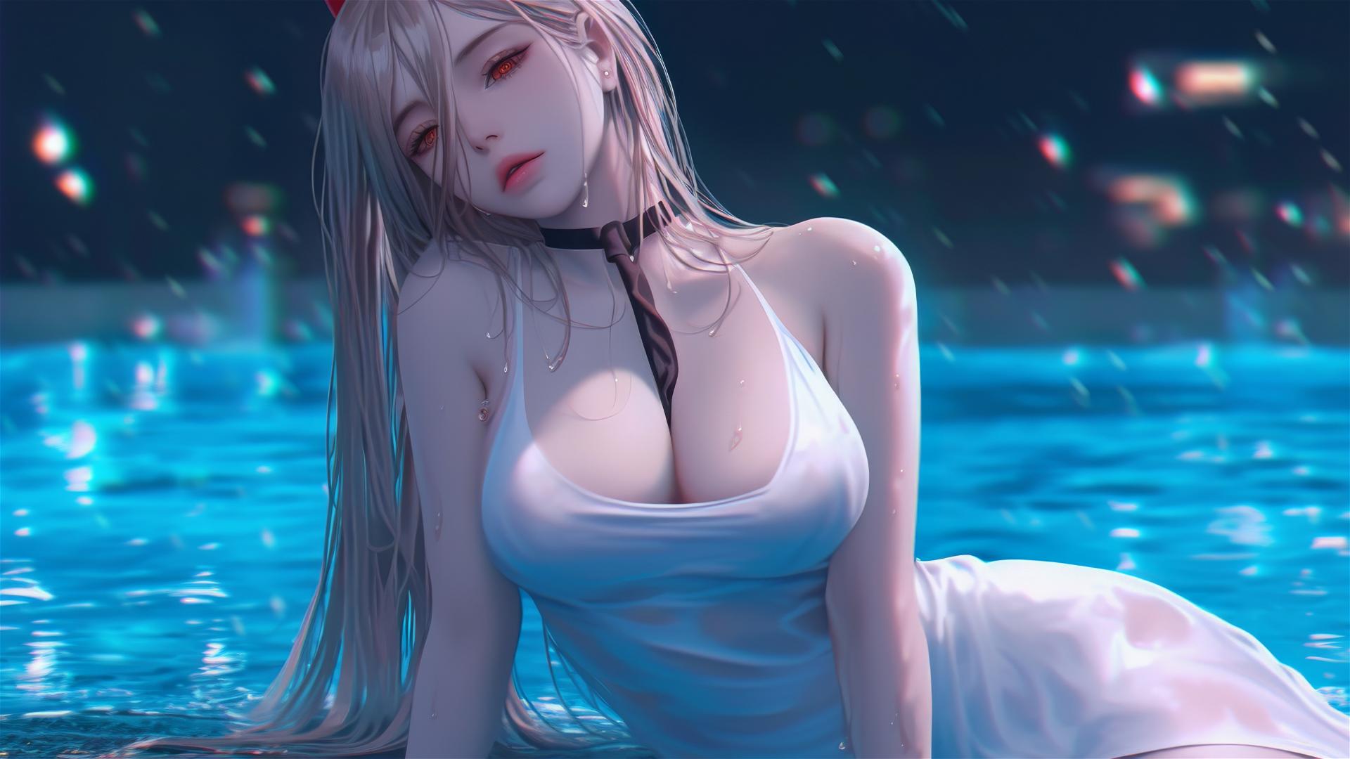 Artwork of Power from Chainsaw Man at a rainy swimming pool with a focus on her thigh, blonde hair, and light red horns in white dress