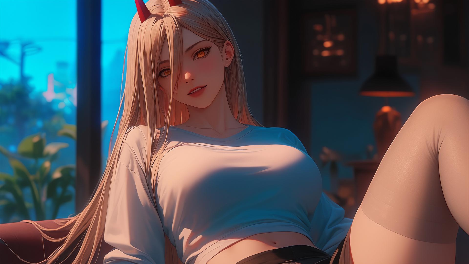 Power from Chainsaw Man resting in apartment with red horns, blond hair