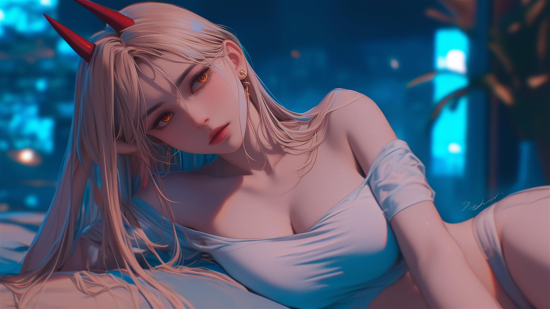Power, a character from Chainsaw Man, resting at apartment with special focus on thighs, blond hair and red horns