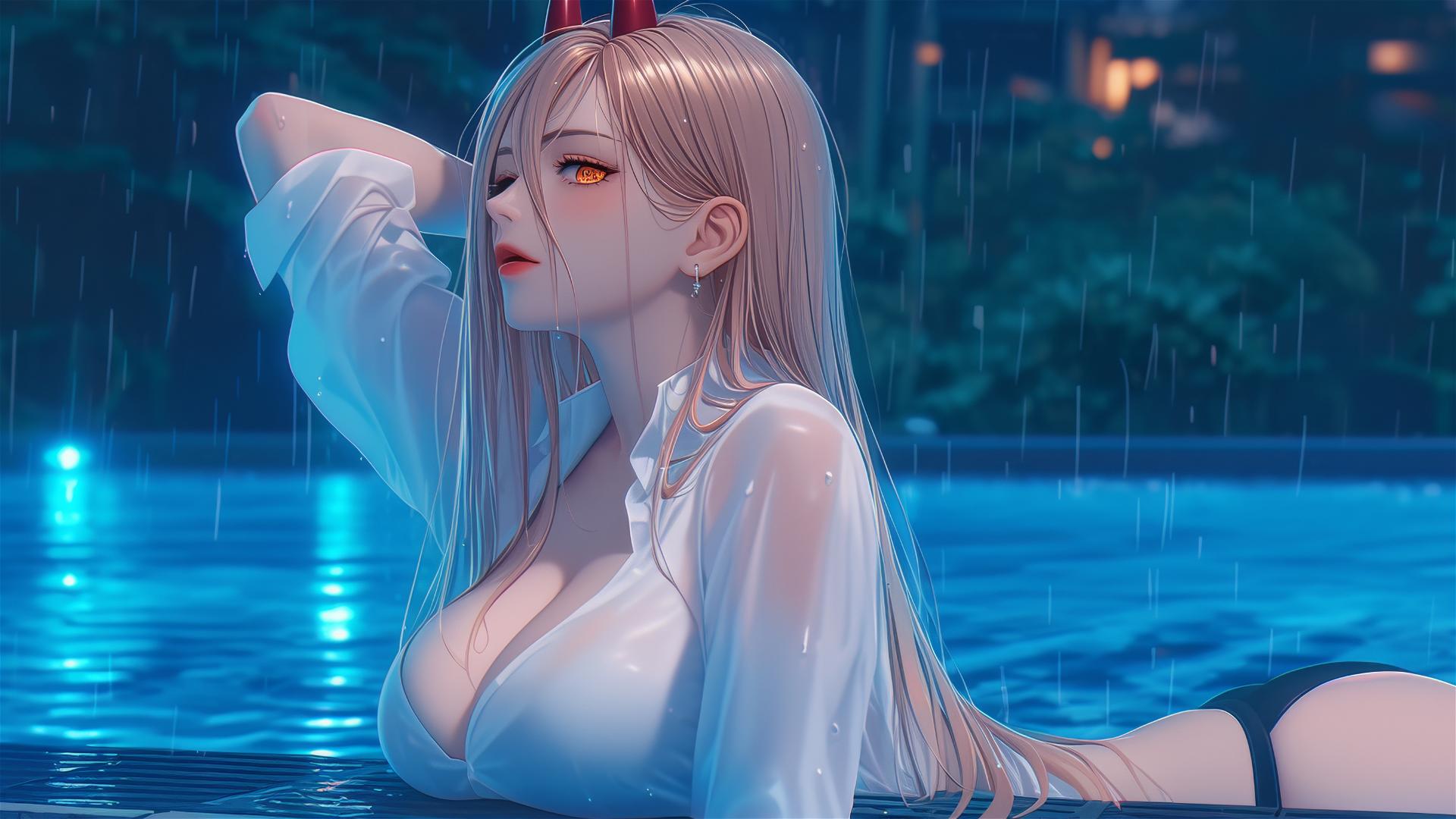 Power, a character from Chainsaw Man, resting by a rainy swimming pool, focus on her thighs, with blond hair, light red horns, and yellow eyes.