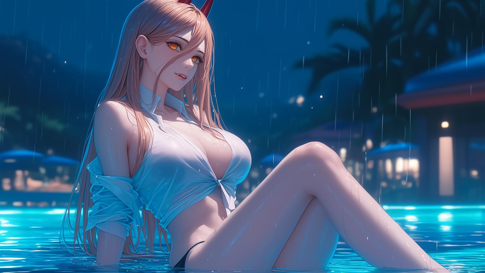 Power, from Chainsaw Man, resting at a rainy swimming pool with light red horns, blond hair, and yellow eyes
