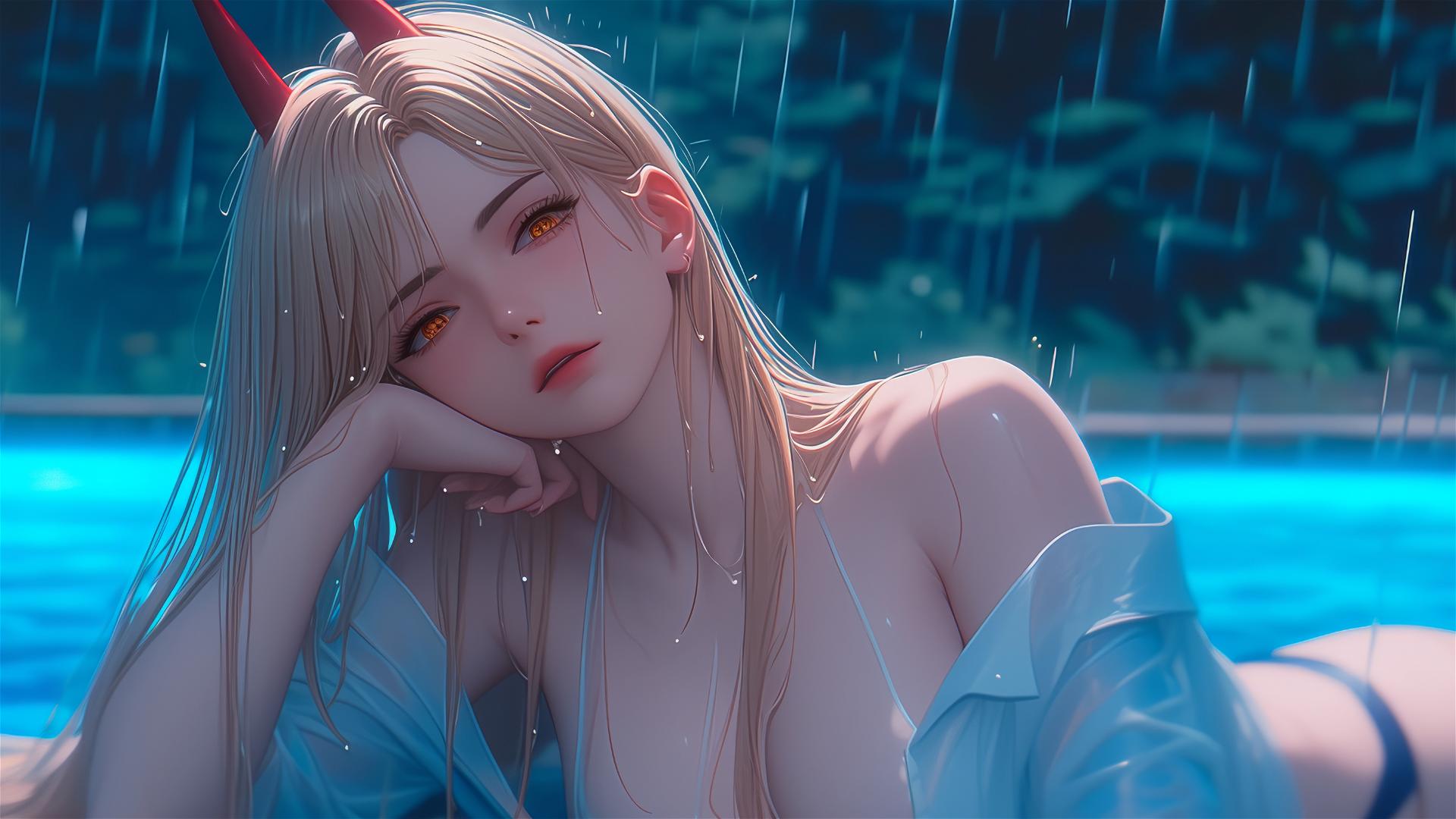 Power from Chainsaw Man resting at a rainy swimming pool, with a focus on thighs, blond hair and light red horns, yellow eyes.