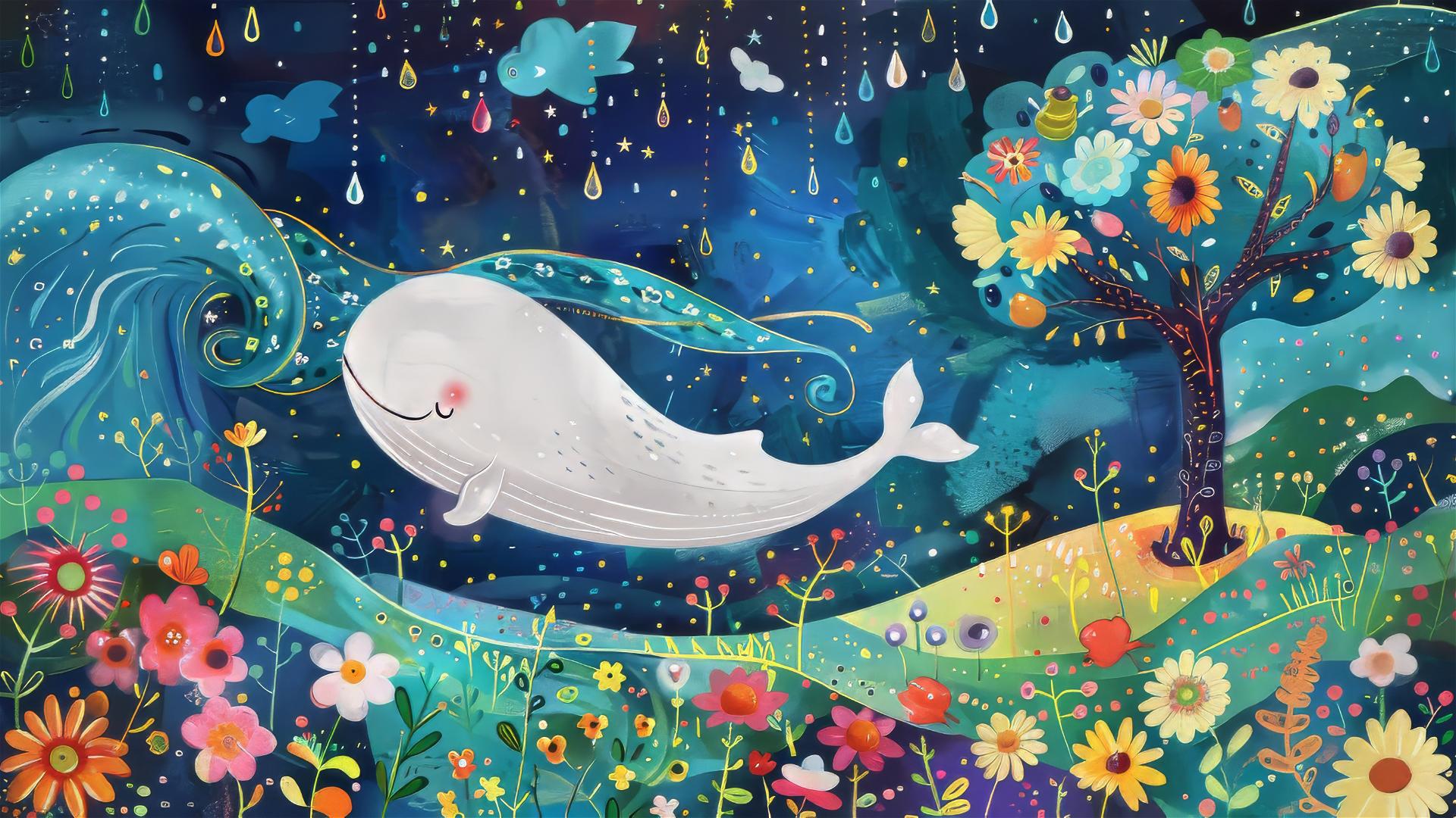 A white whale swimming in the sky with colourful landscape, flowers, winding paths, stars, small clouds, a tall tree with sunflowers and hanging fruits in an atmosphere of joy and celebration