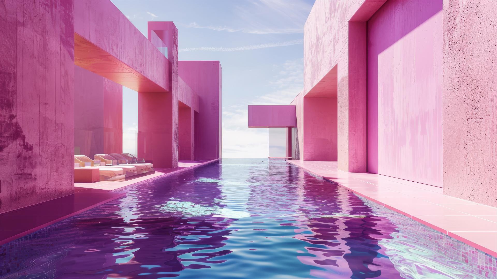3 transparent light figures by swimming pool, minimalist muralla purple design, 1980s vintage style