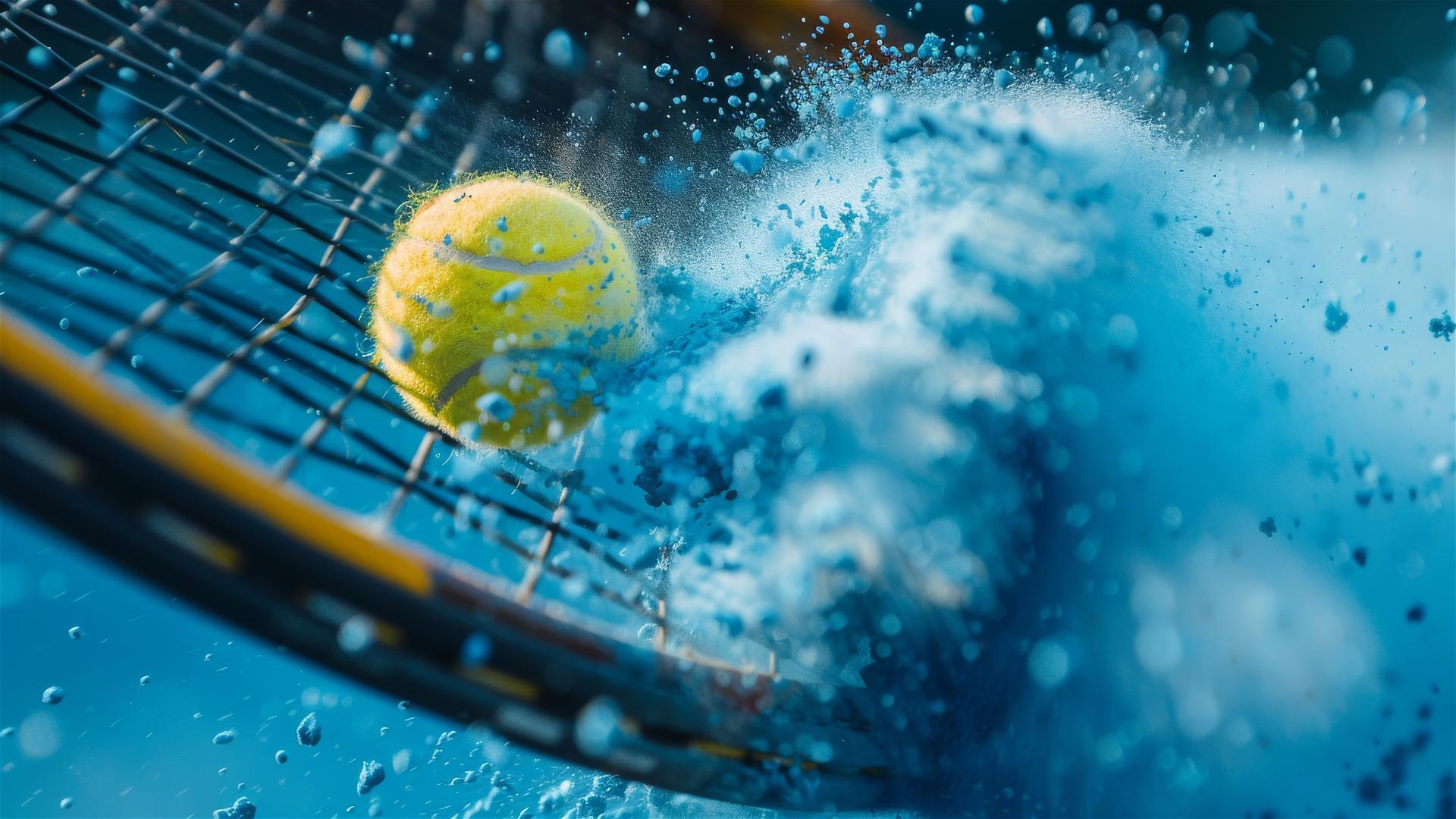 Macro shot of yellow tennis ball impact on racket, erupting blue powder