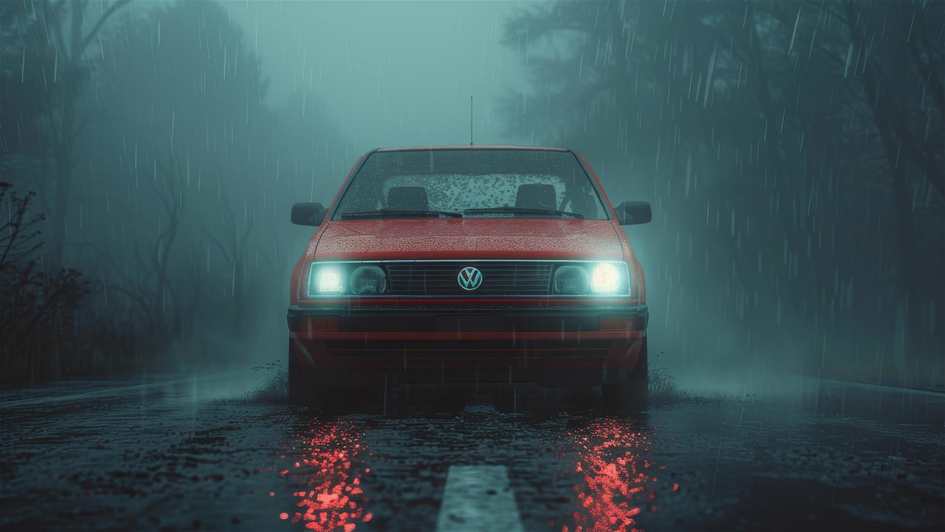 Foggy dim-lit closeup of a Volkswagen Jetta with a gothic gloomy feel in photorealistic quality
