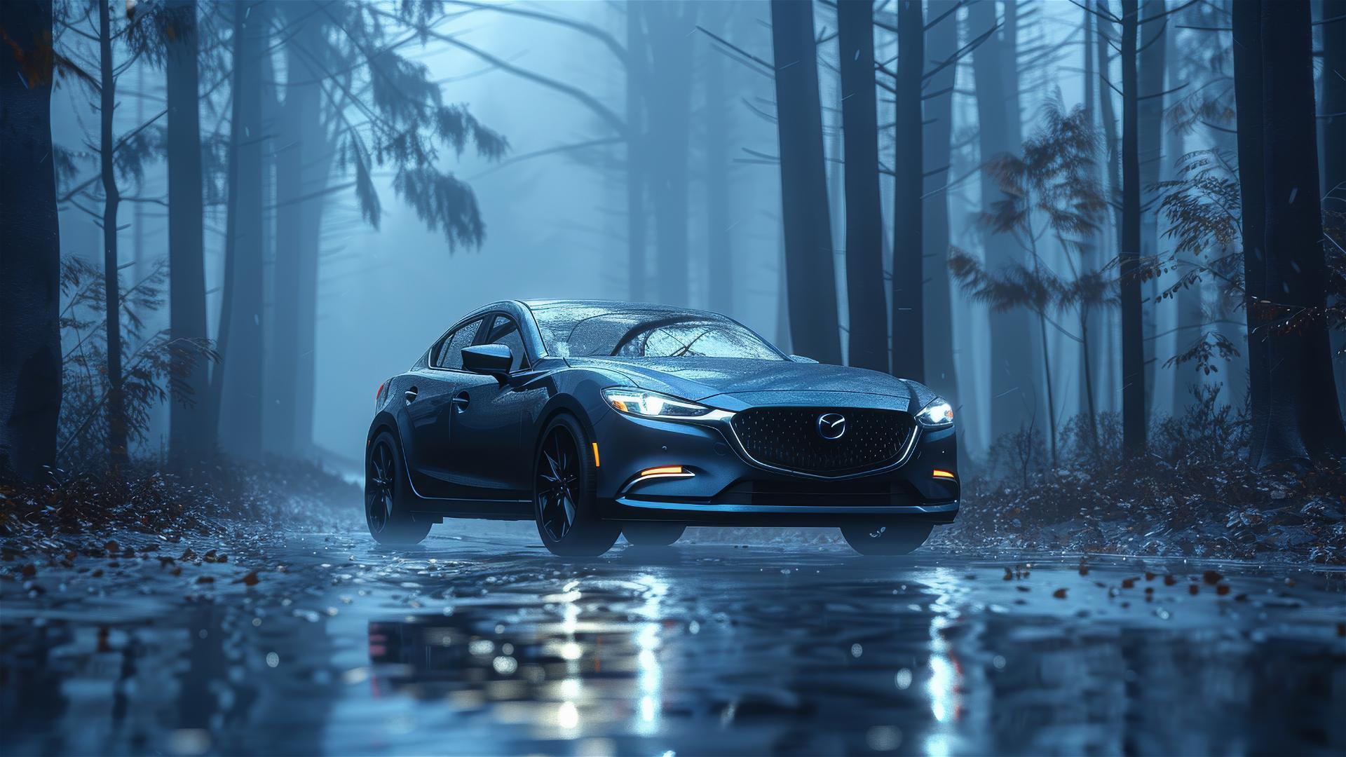Closeup view of a Mazda 6 in dim, gothic gloomy lighting with a foggy, photorealistic scenery