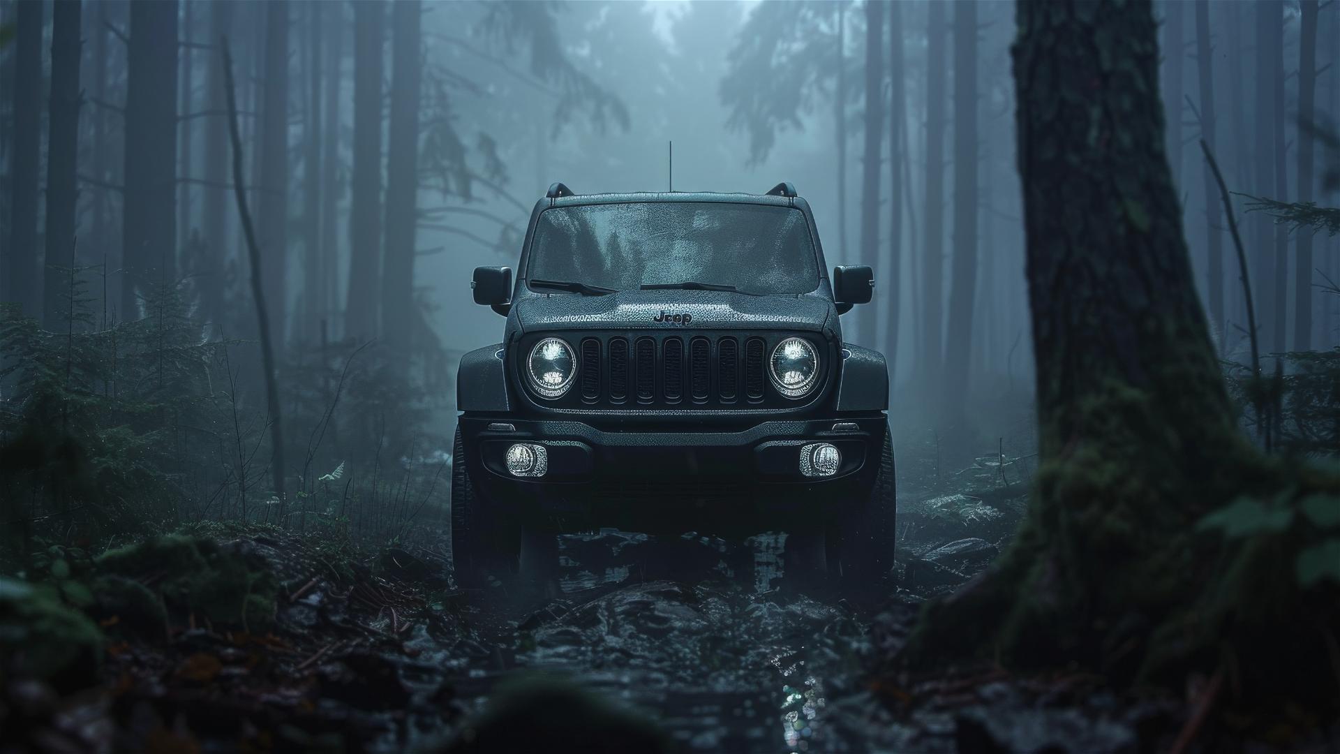 Dimly lit, photorealistic close-up of a Jeep Renegade in a foggy, gothic setting