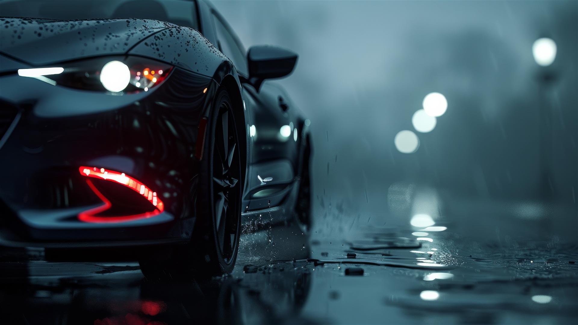 Mazda 6 vehicle in Gothic gloomy and dim lighting with a closeup view in foggy conditions