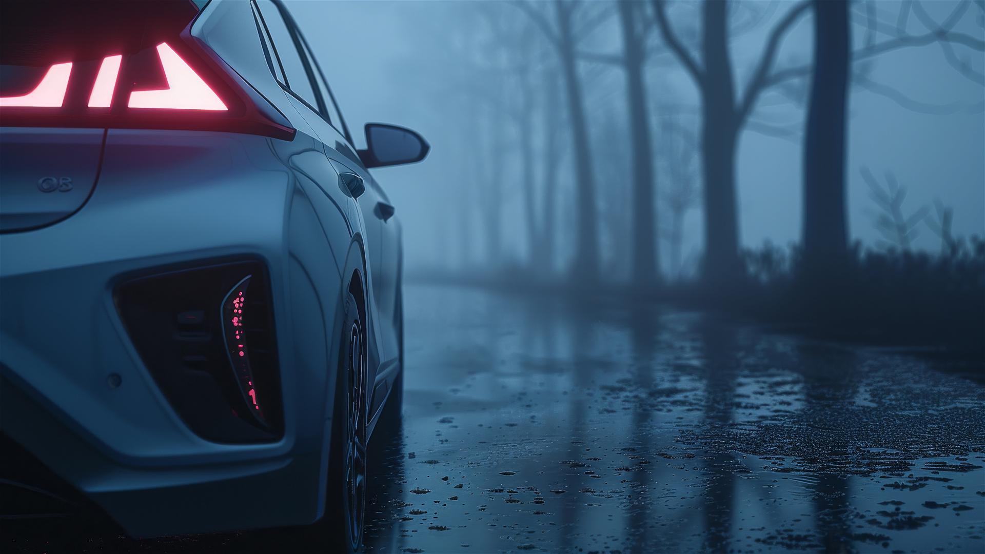 Hyundai Ioniq under dim gothic light, 8K close-up view with fog, photorealistic