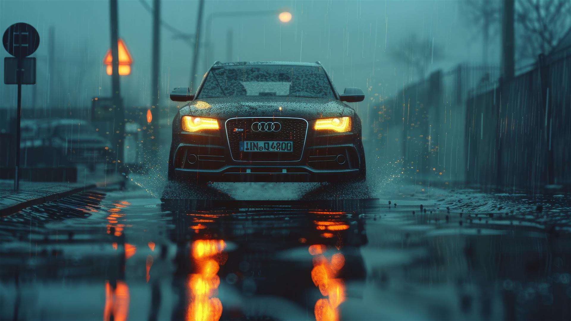 Dimly lit, photorealistic closeup of an Audi Q5 in a foggy, gothic setting