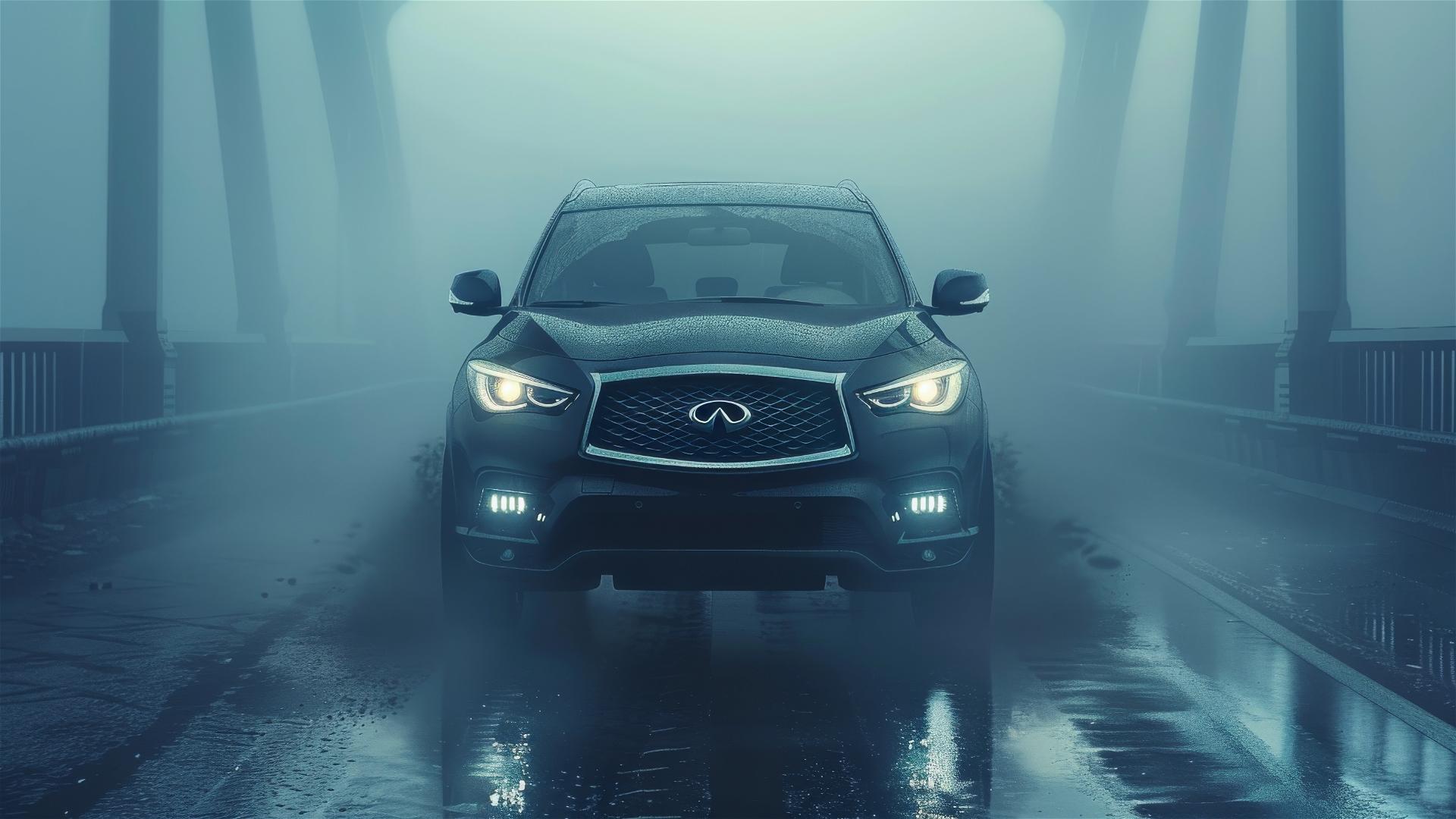Closeup of Infiniti QX60 in dim, gothic gloomy setting with fog