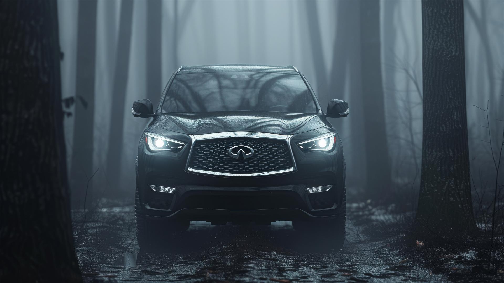 Close-up of an Infiniti QX60 in dim, foggy lighting with a gothic gloomy atmosphere