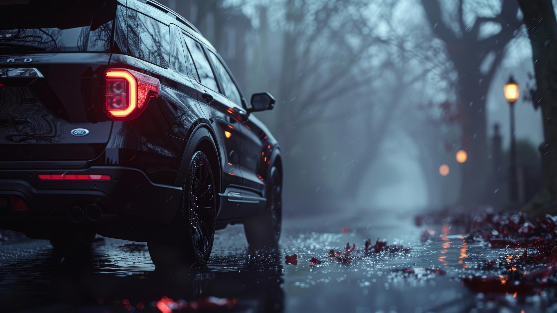 Gothic gloomy Ford Explorer in dim light and fog, photorealistic closeup