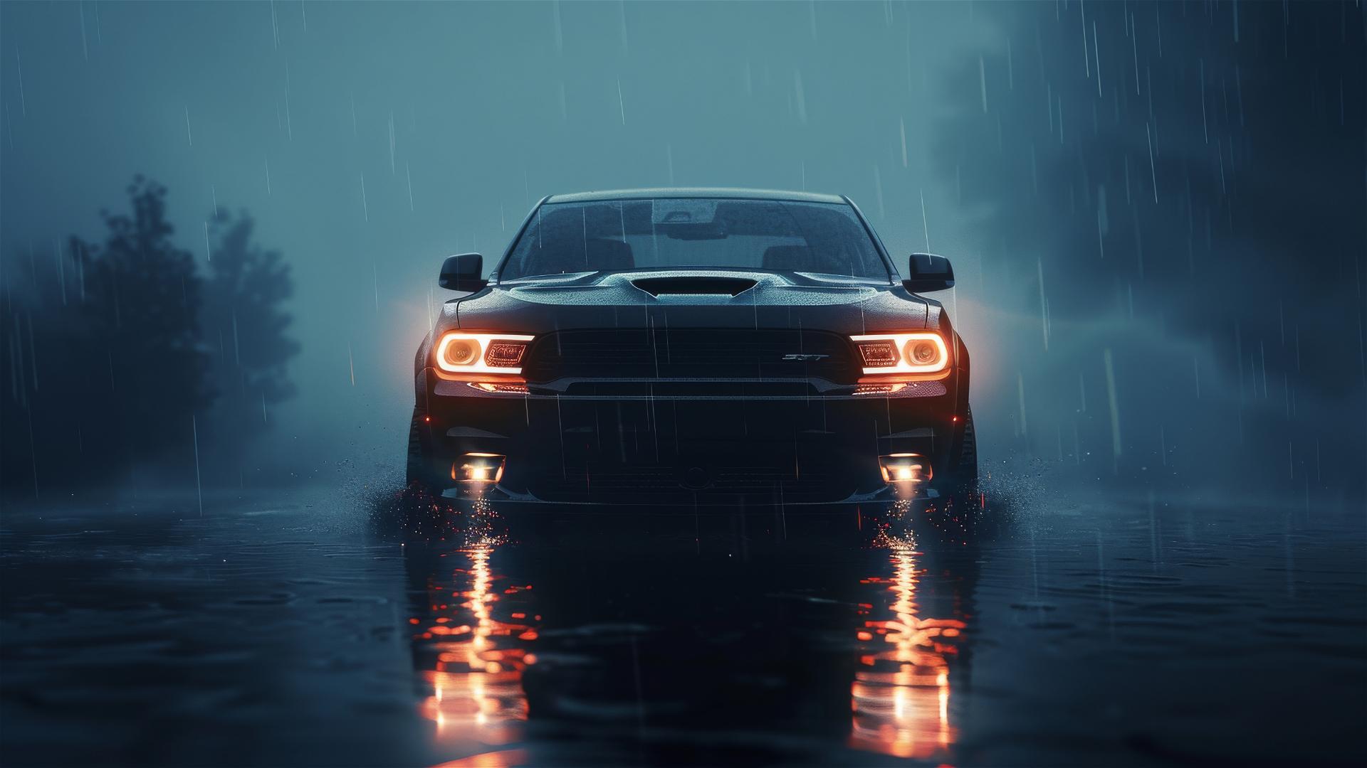 Gothic gloomy Dodge Durango in dim, foggy setting