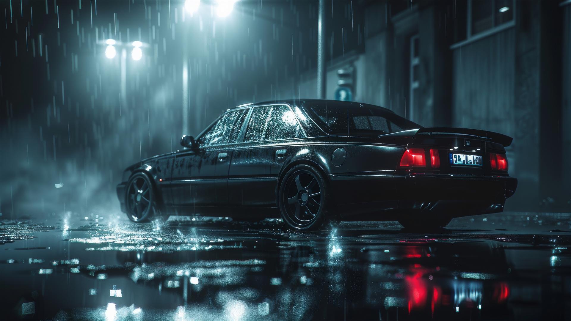 Close-up view of a Saab 9-3 in dim, foggy, gothic gloomy setting depicted with photorealistic quality.
