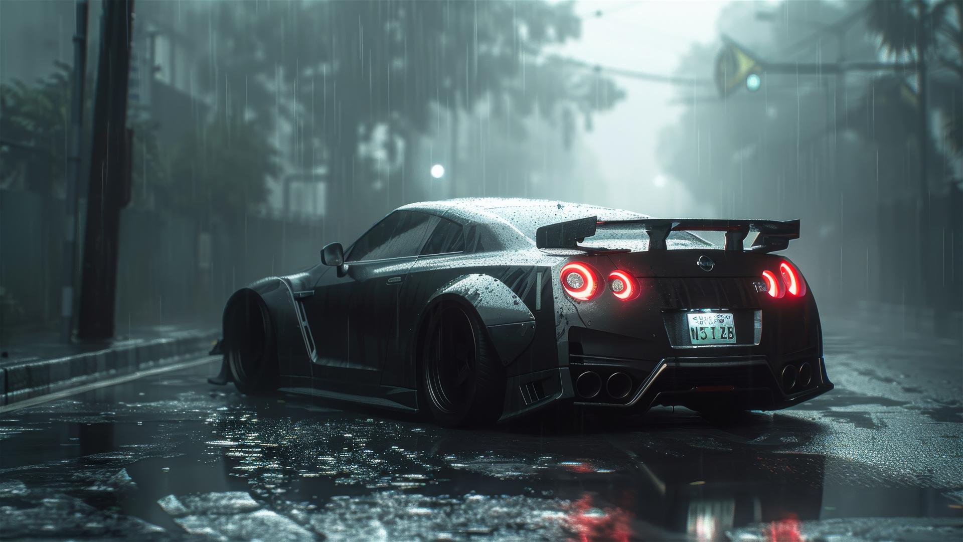Photorealistic closeup of a Nissan GTR in dim, foggy lighting with a gothic gloomy atmosphere.