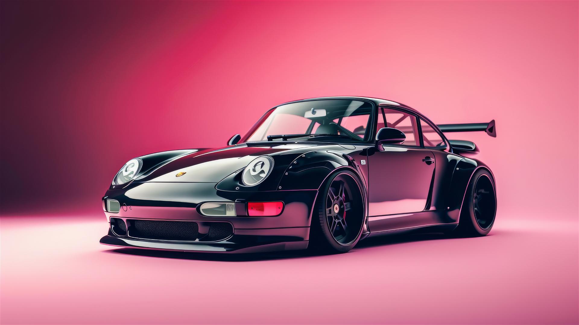 Black Porsche 993 Turbo with RWB widebody on pink futuristic background