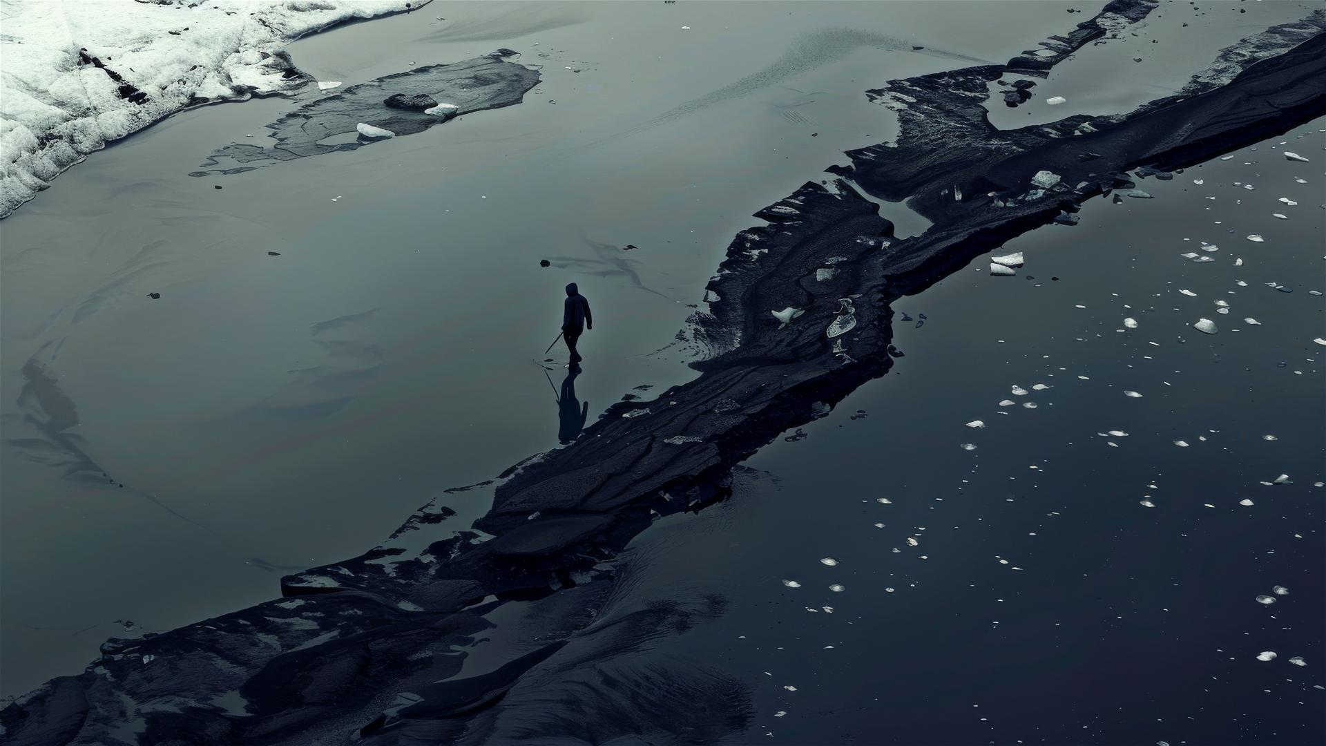 Dark figure on the ground in an aerial view of Antarctica, exuding dark vibes, loneliness, and stillness.