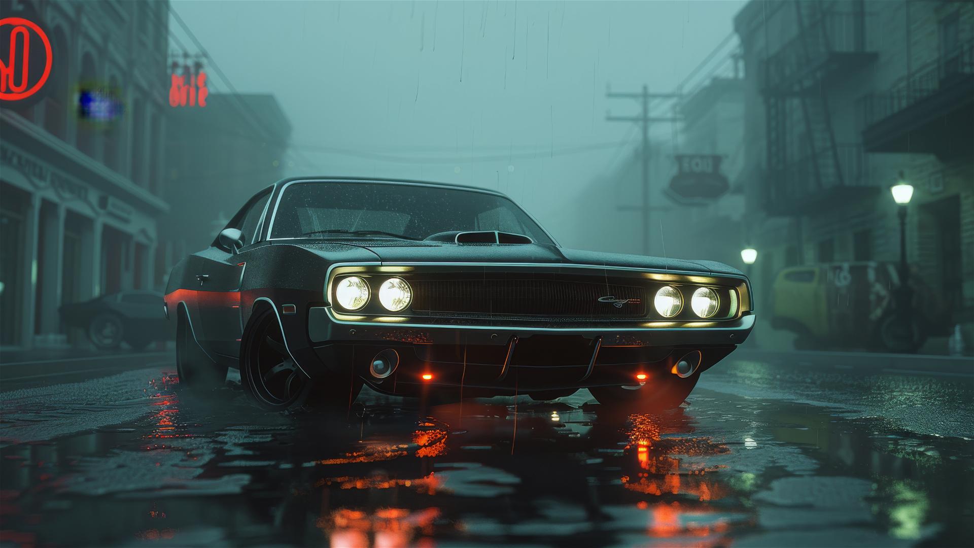Closeup view of a Dodge Dart in dim, gothic gloomy lighting with fog