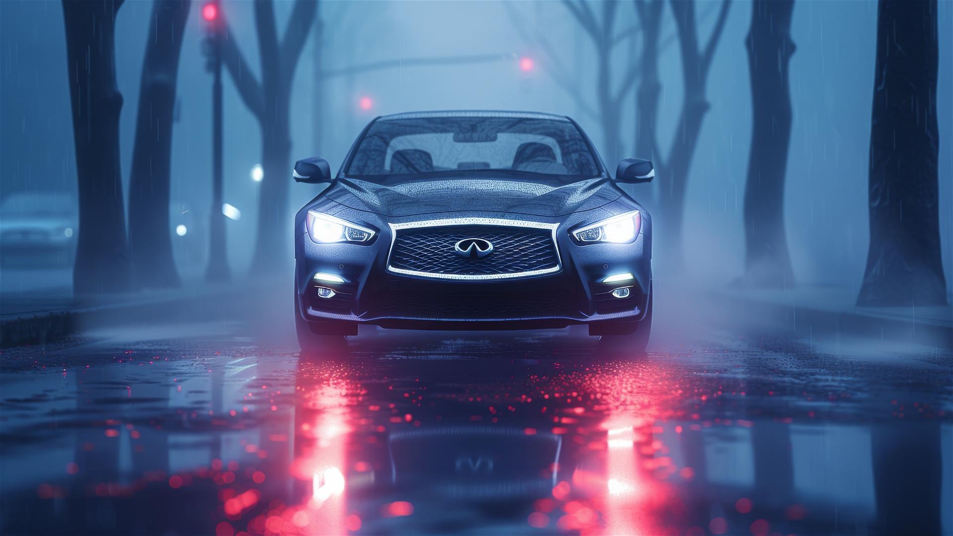 Infiniti Q50 in dim gothic light, closeup photorealistic view enveloped in fog