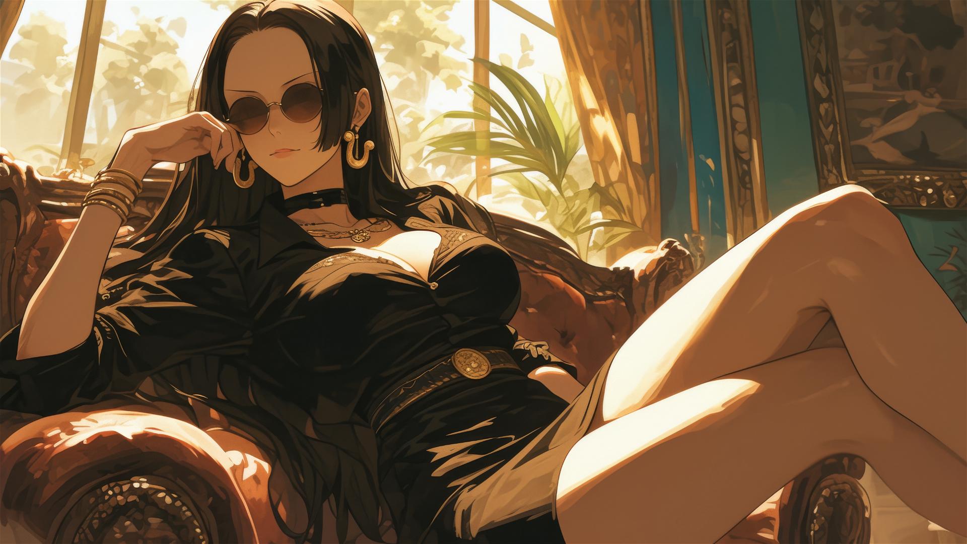 Boa Hancock from One Piece exploring art gallery with soft lighting
