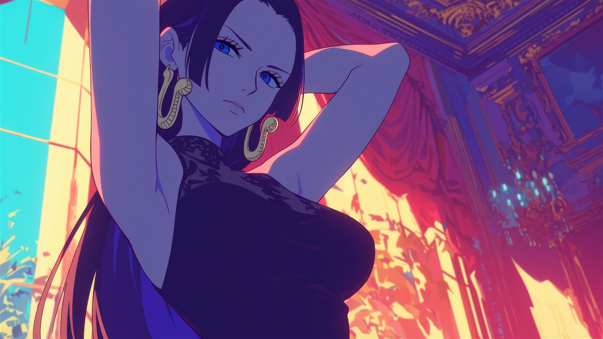 Boa Hancock from One Piece wandering through an art gallery with soft lighting