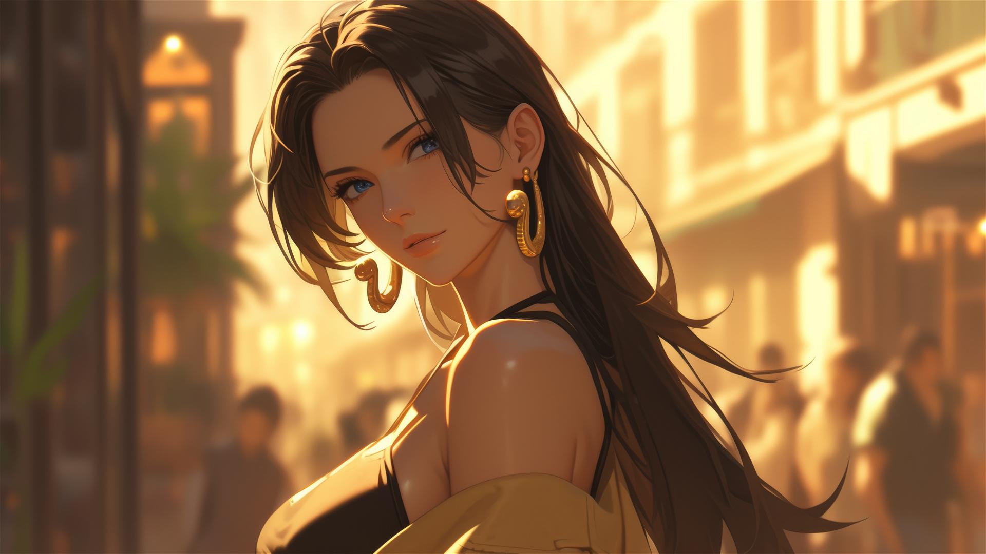 Boa Hancock from One Piece strolling through an art gallery