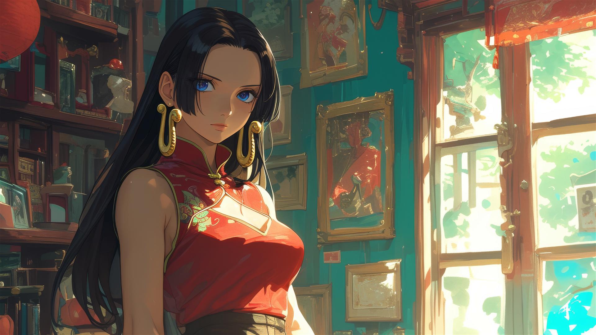 Boa Hancock from One Piece in an art gallery under soft lighting